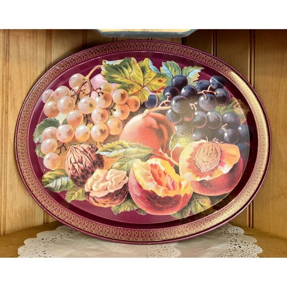 Vintage Indecco Oval Metal Fruit Still Life Serving Tray Grapes Peaches Nuts Aut - Picture 1 of 4